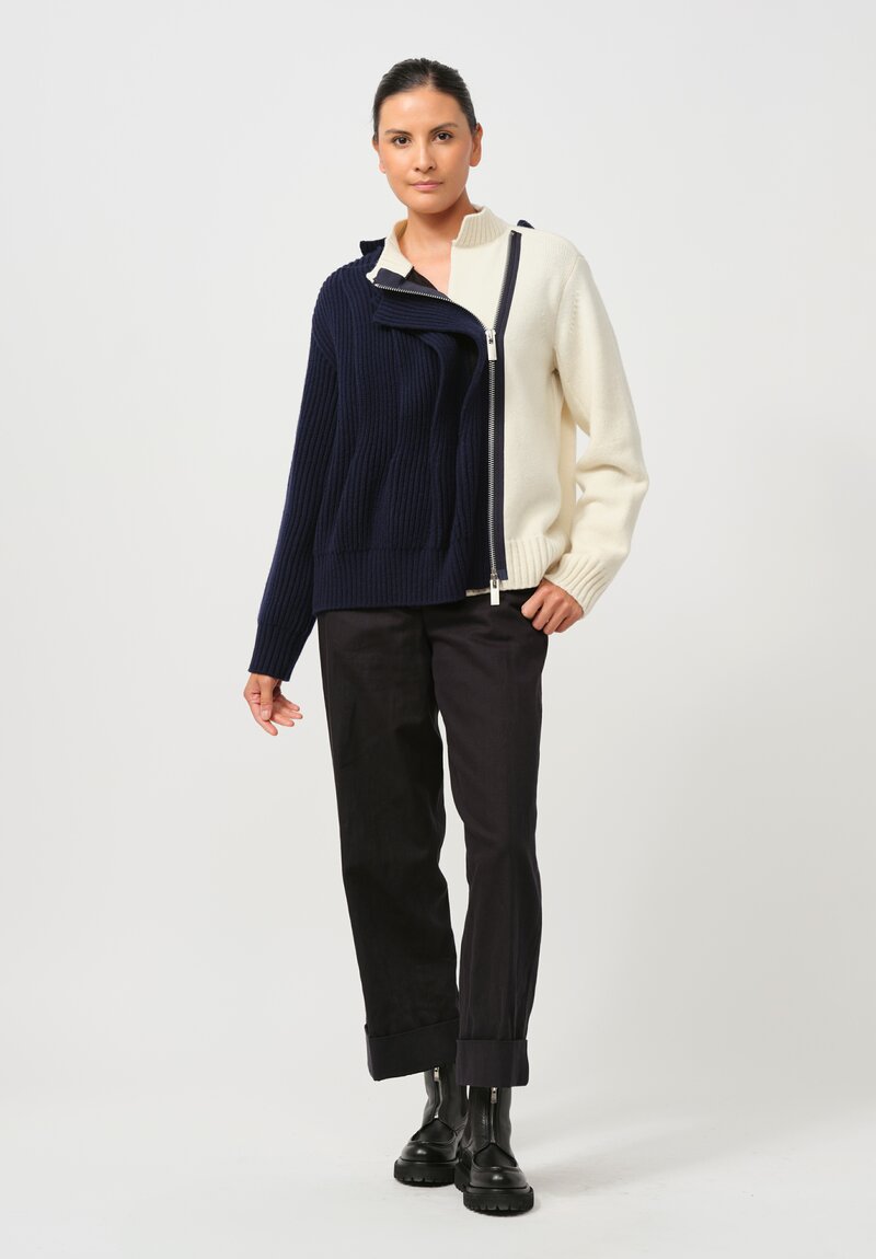 Sacai Wool Knit Blouson Jacket in Navy & Off-White	