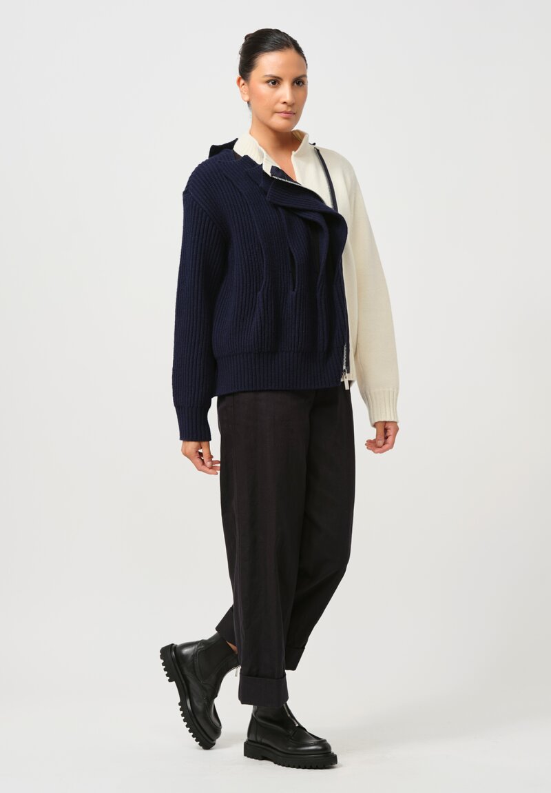 Sacai Wool Knit Blouson Jacket in Navy & Off-White	