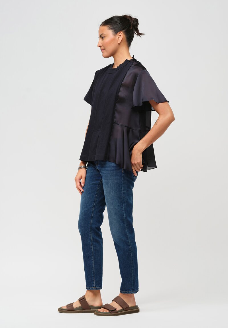 Sacai Cotton and Satin Panel Flared T-Shirt in Black	