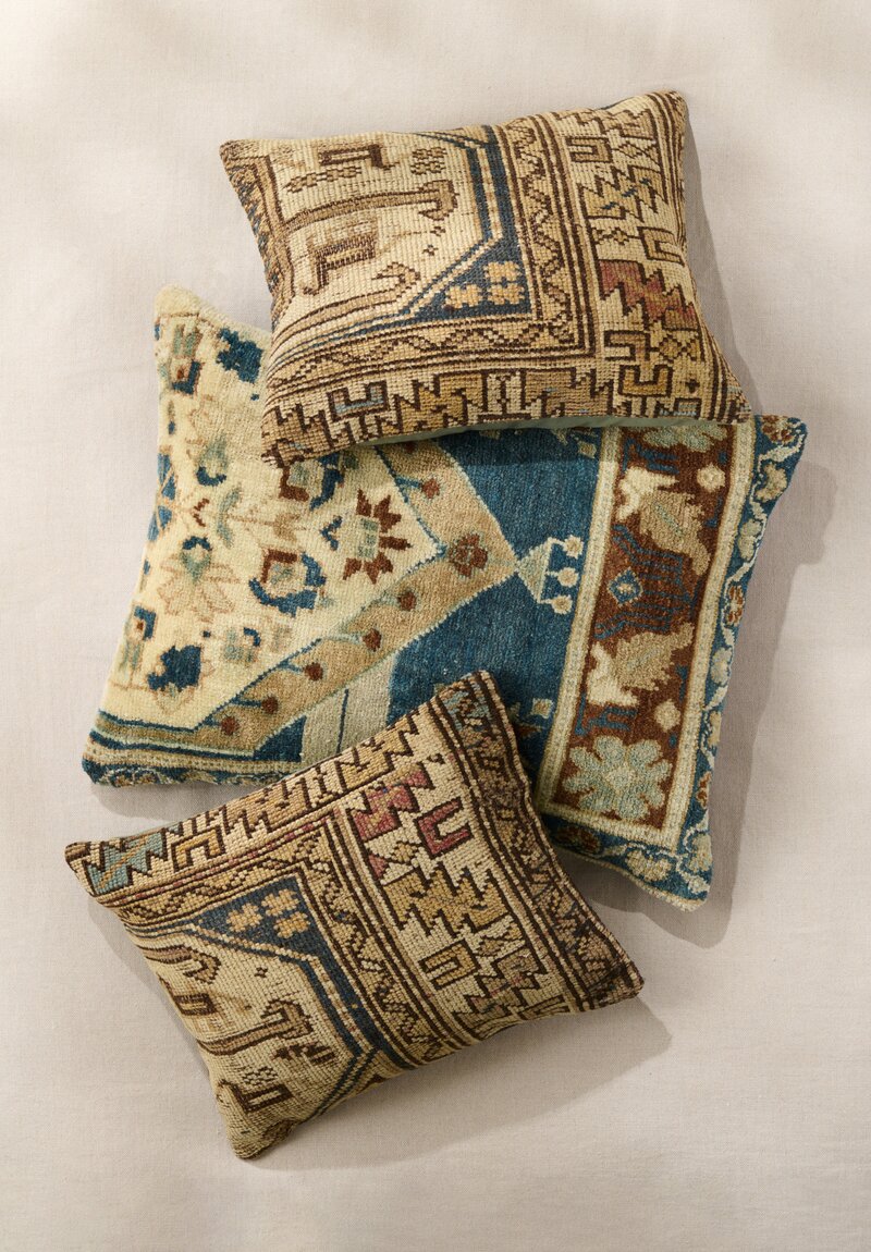 Antique Caucasian Rug Pillow in Cream, Brown & Blue II	