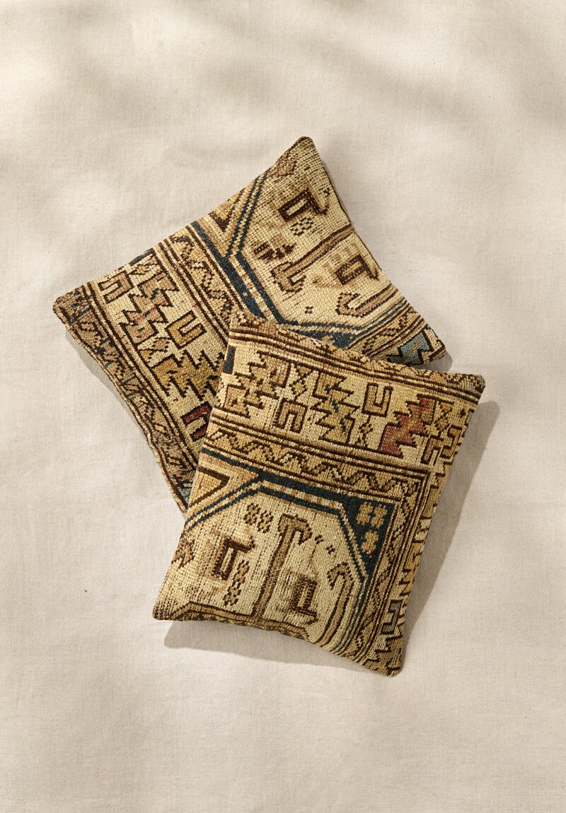 Antique Caucasian Rug Pillow in Cream, Brown & Blue II	