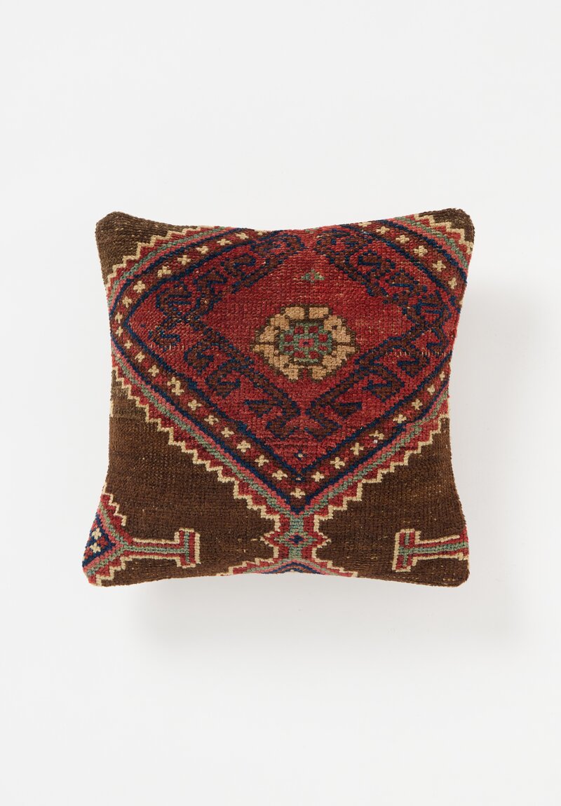 Antique Wool Kurdish Rug Pillow in Red, Brown & Blue 2