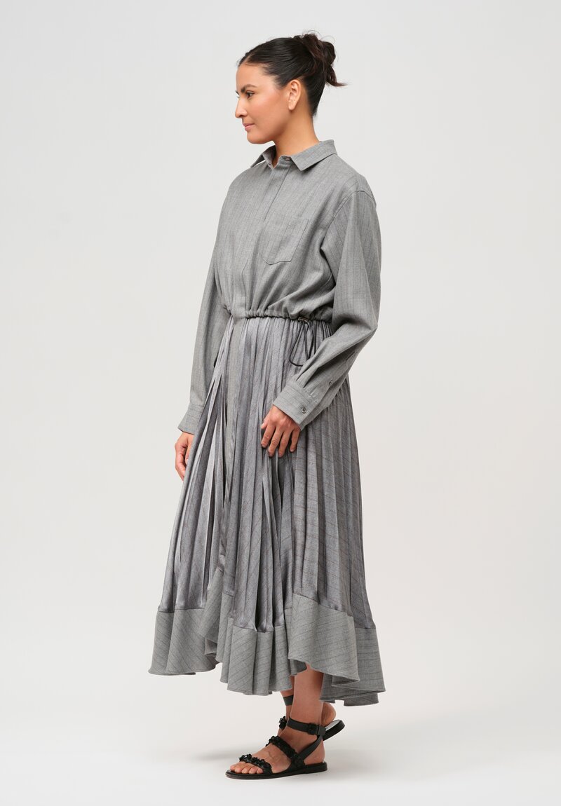 Sacai Wool and Satin Pleated Dress in Chalk Stripe Grey	