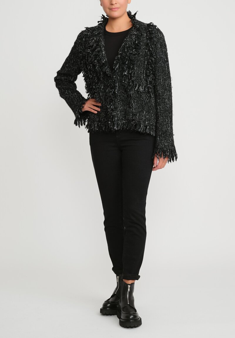 Sacai Wool Fringed Tweed Jacket in Black & White	