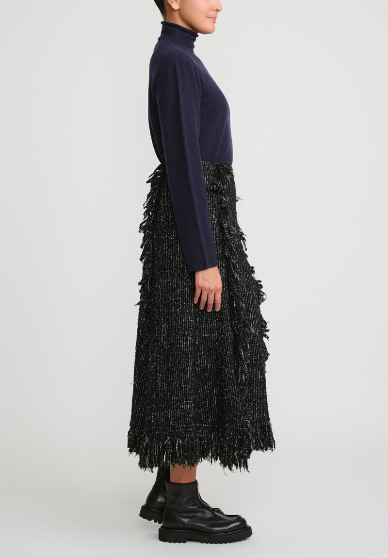 Sacai Wool Fringed Tweed Skirt in Black & White	