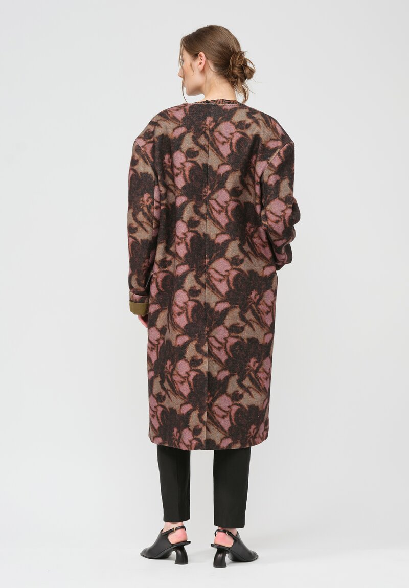 Dries Van Noten Wool Abstract Floral Rivka Coat in Brown & Pink Multicolor