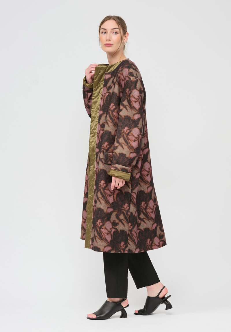 Dries Van Noten Wool Abstract Floral Rivka Coat in Brown & Pink Multicolor