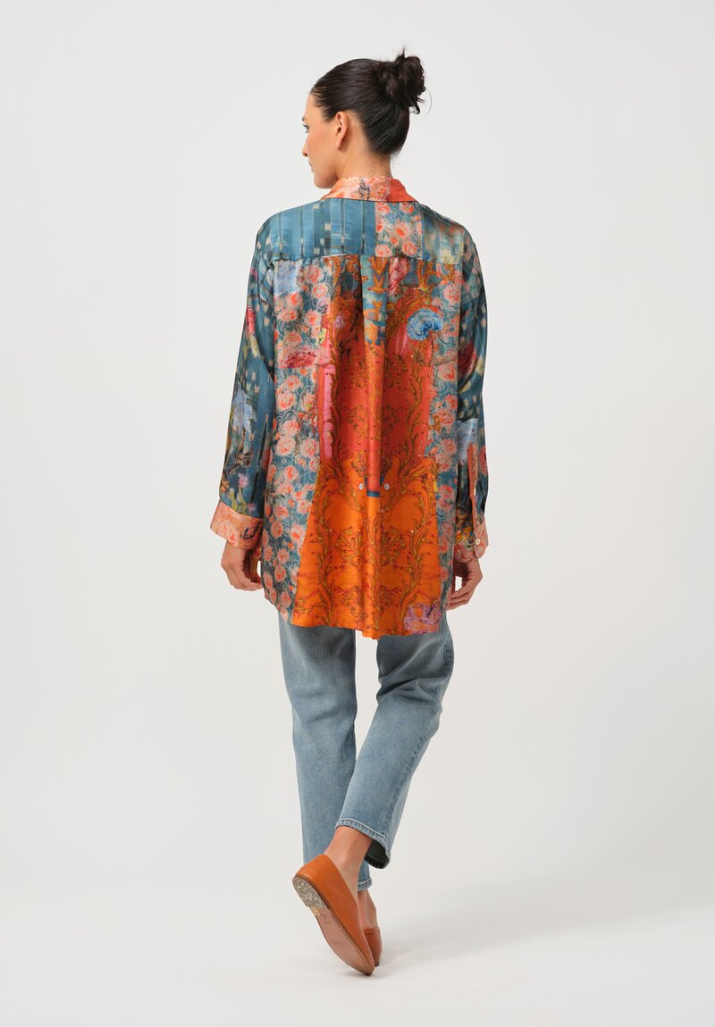 Bokja Silk Twill Regalia Button Up Z Shirt in Blue & Orange	