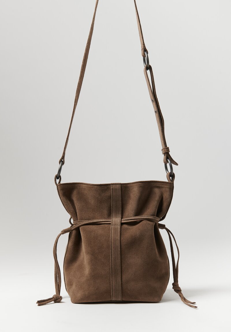 Corîu Suede Small Bucket Crossbody Bag in Taupe	