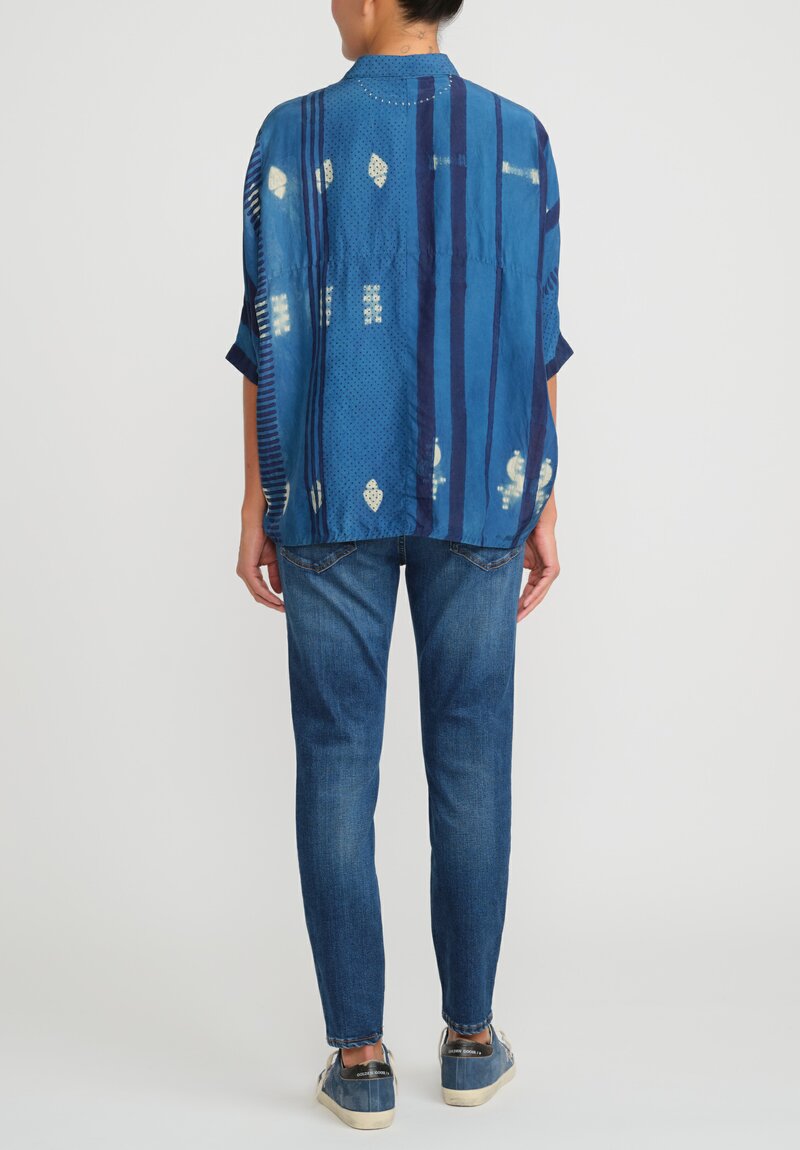11.11/Eleven Eleven Silk Dots & Stripes Short-Sleeve Shirt in Indigo Blue