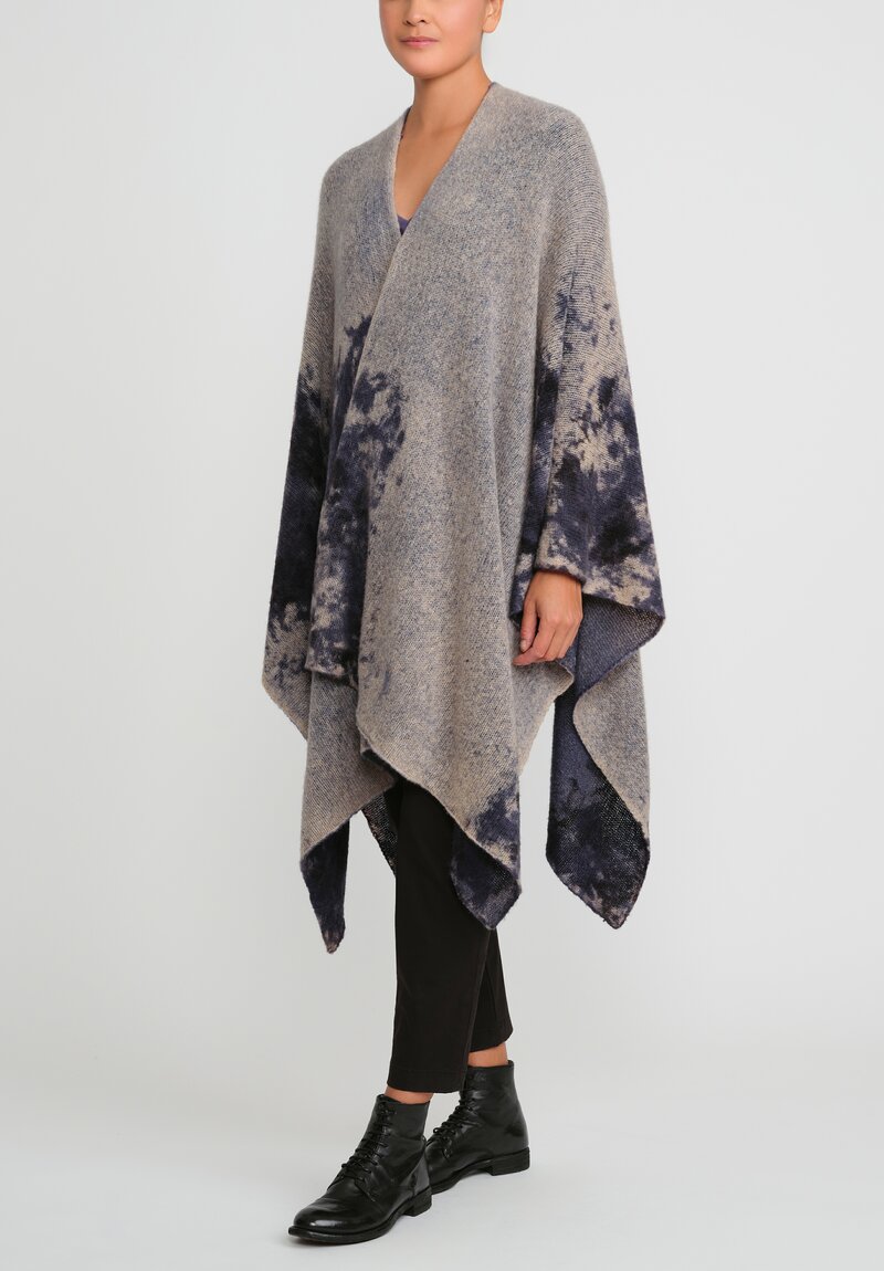 Avant Toi Merino Hand-Painted Wool and Camel Hair Poncho in Midnight Blue