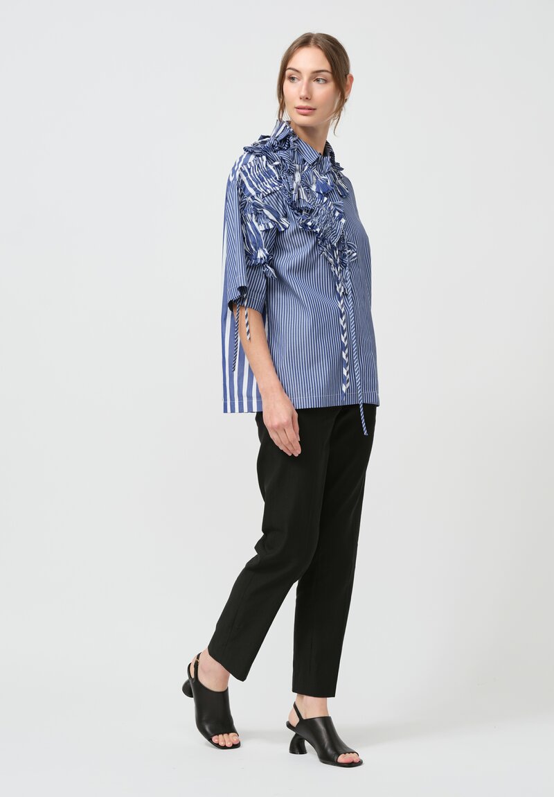 Biyan Cotton Embellished Sybel Short Sleeve Shirt in Mixed Blue Stripe	