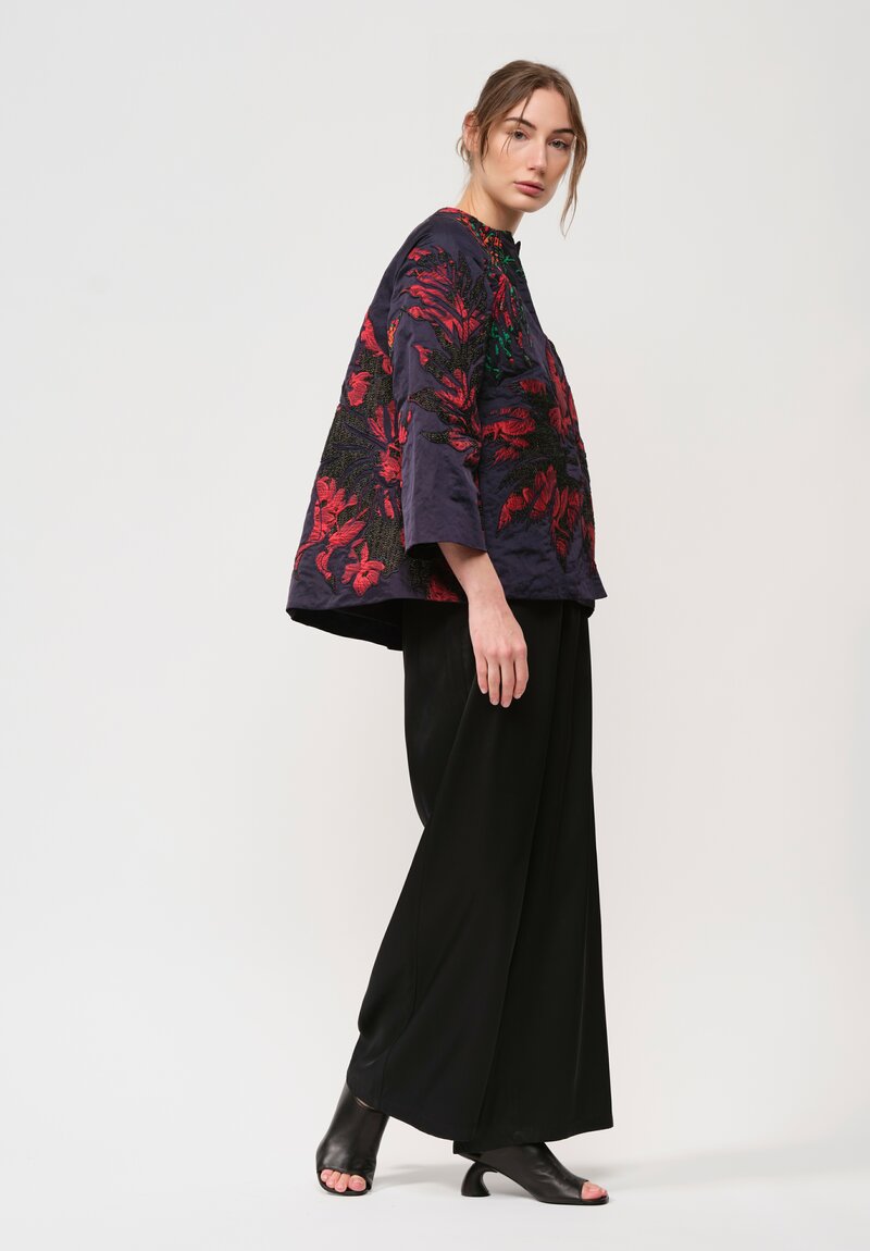Biyan Embroided, Appliqué and Crinkled Taffeta Short Kory Jacket in Navy Blue & Red