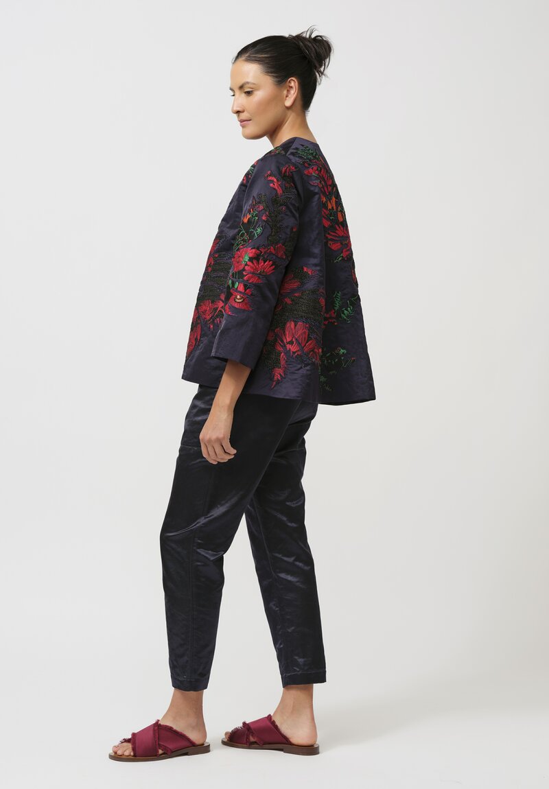 Biyan Embroided Appliqué Taffeta Kory Jacket in Navy Blue & Red