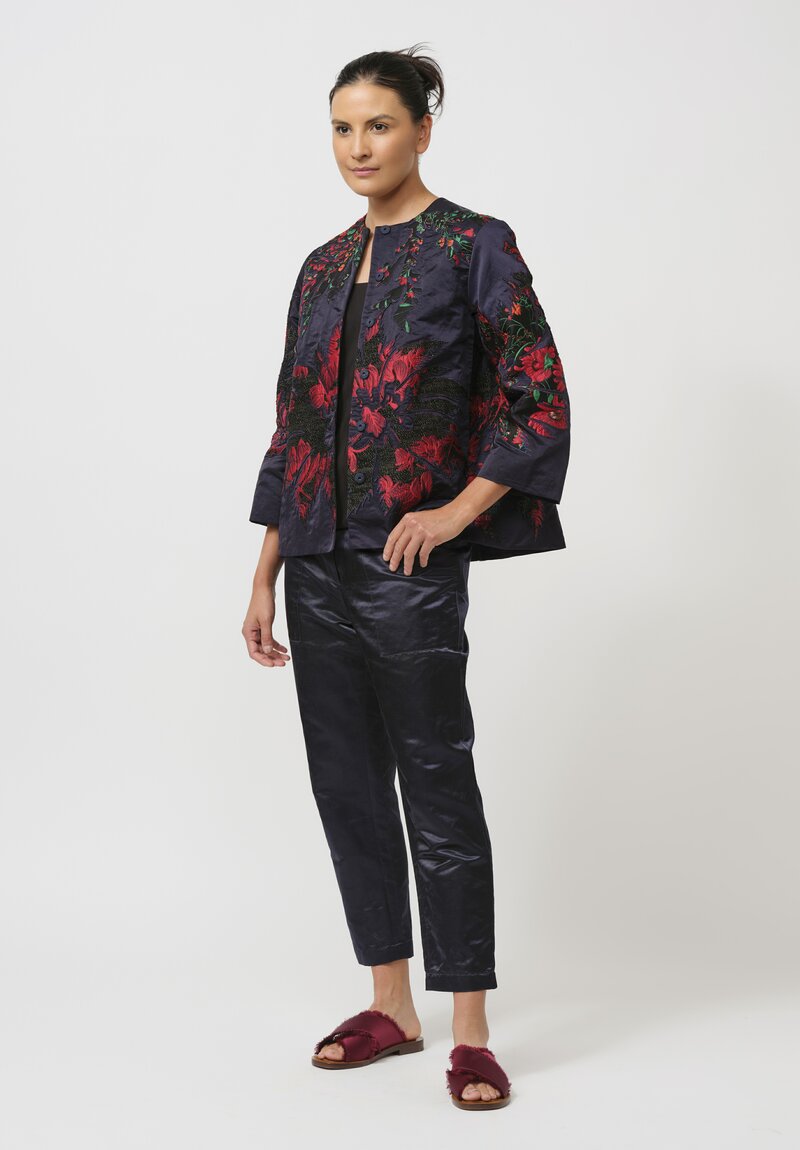 Biyan Embroided Appliqué Taffeta Kory Jacket in Navy Blue & Red