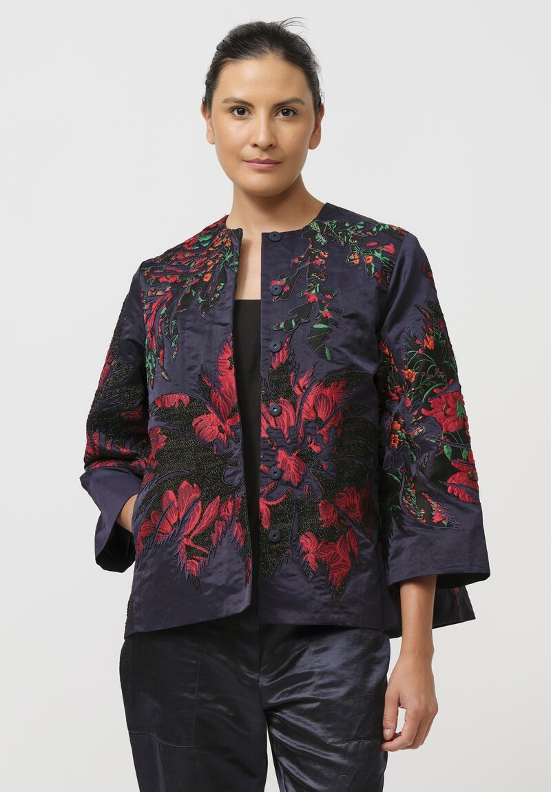 Biyan Embroided Appliqué Taffeta Kory Jacket in Navy Blue & Red