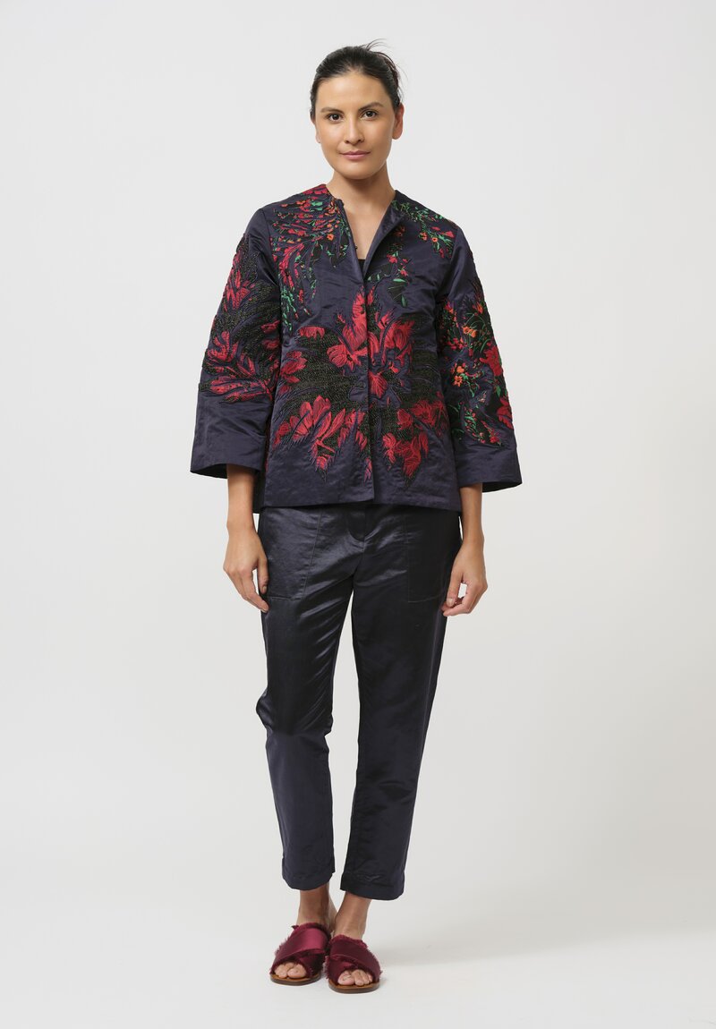 Biyan Embroided Appliqué Taffeta Kory Jacket in Navy Blue & Red