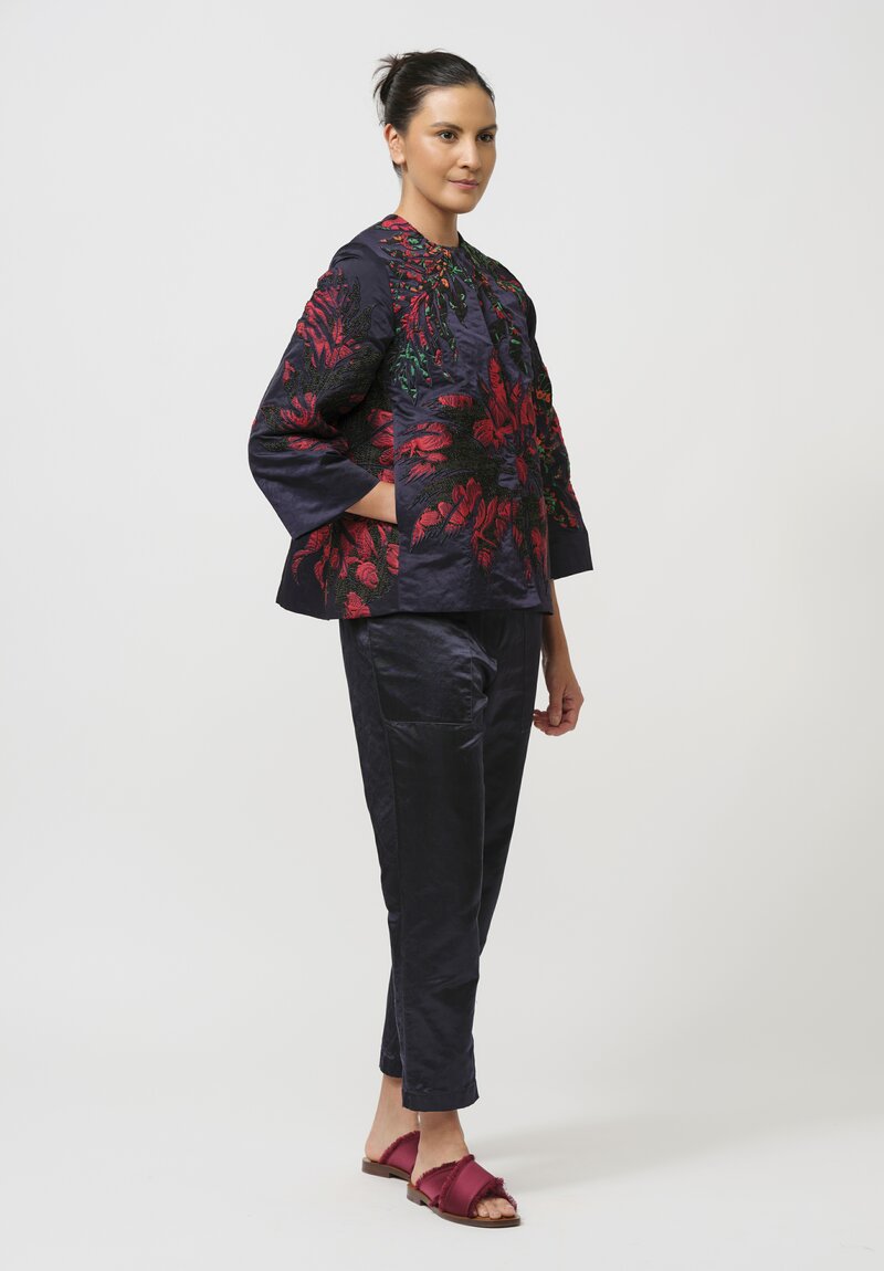 Biyan Embroided Appliqué Taffeta Kory Jacket in Navy Blue & Red