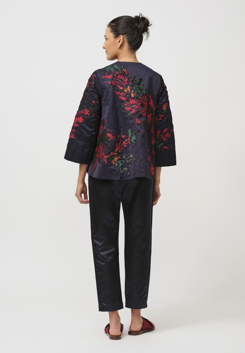 Biyan Embroided Appliqué Taffeta Kory Jacket in Navy Blue & Red