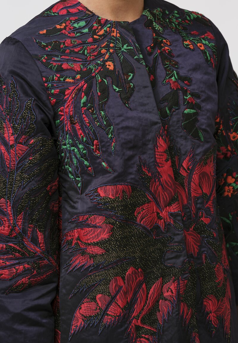 Biyan Embroided Appliqué Taffeta Kory Jacket in Navy Blue & Red