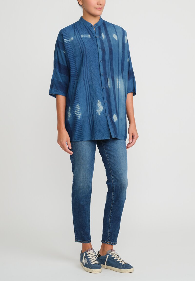 11.11/Eleven Eleven Cotton Silk Shibori Shirt in Indigo Blue