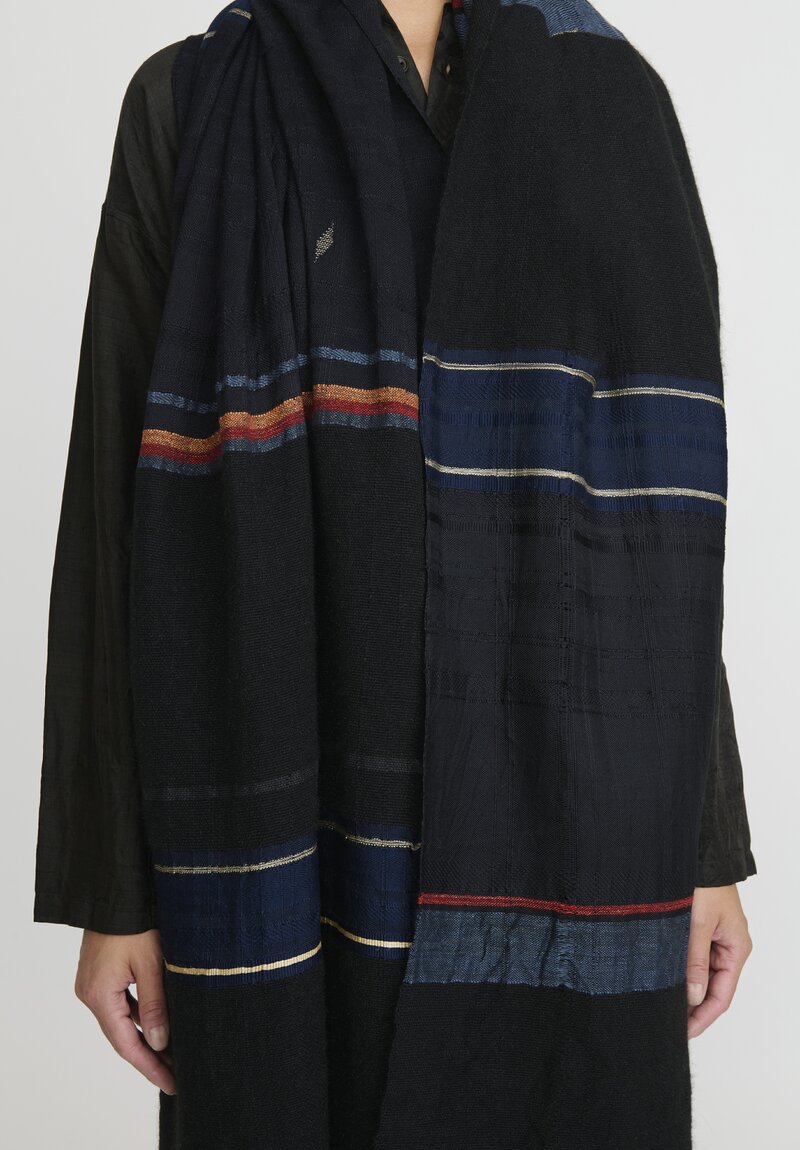 Christopher Duncan Cotton & Wool Temple XV Handwoven Shawl Black, Navy,Red	