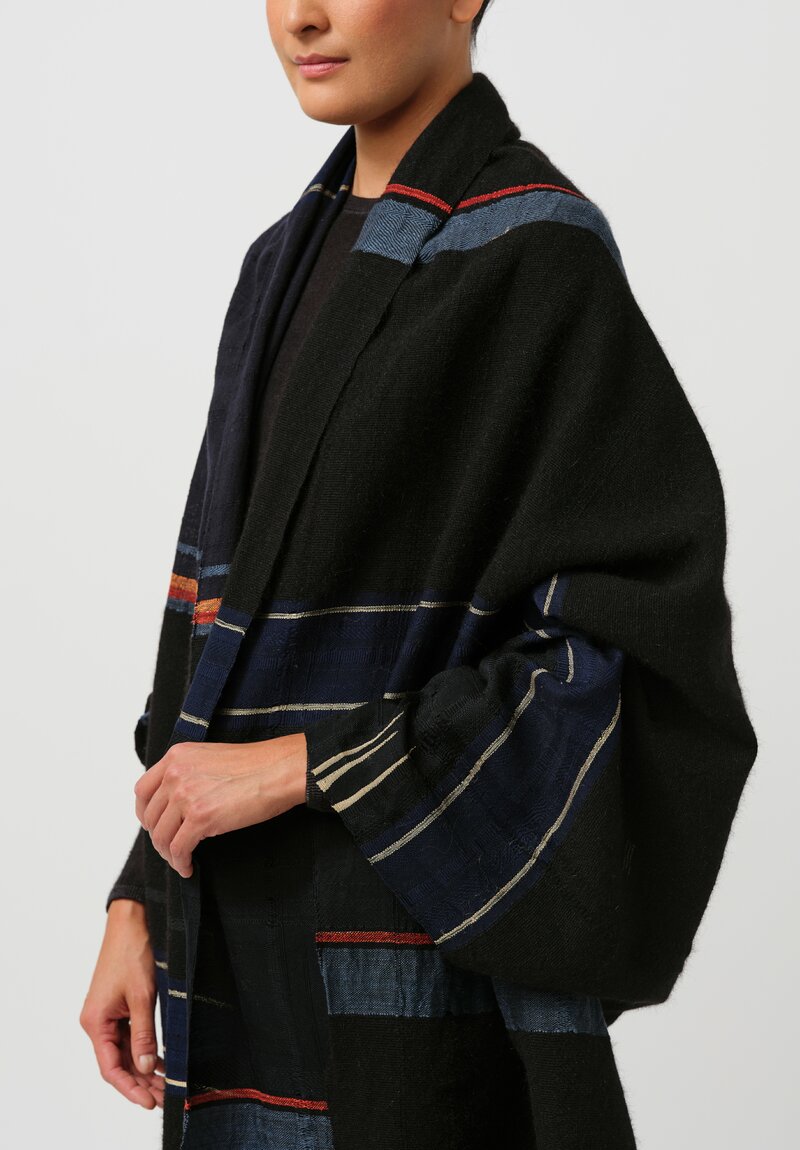 Christopher Duncan Cotton & Wool Temple XV Handwoven Shawl in Black, Navy & Red	