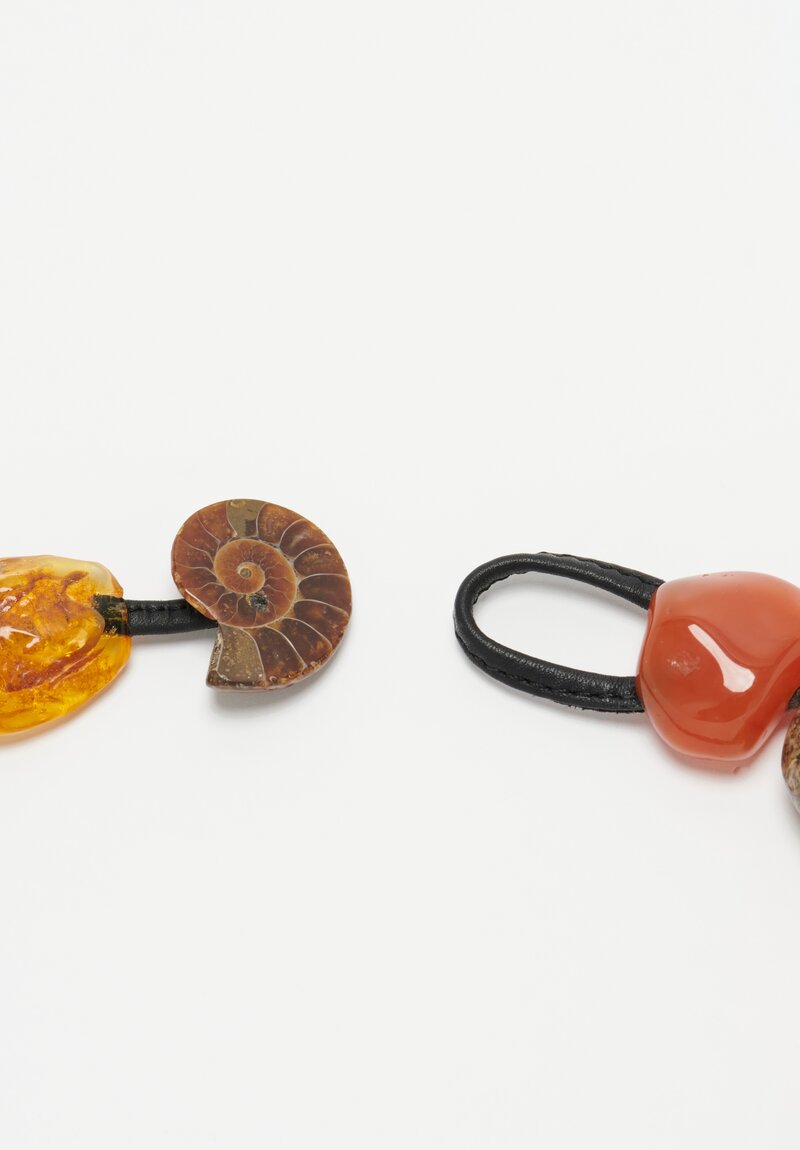 Monies UNIQUE Leather Carnelian Amber, Ammonite, Pyrite Necklace	