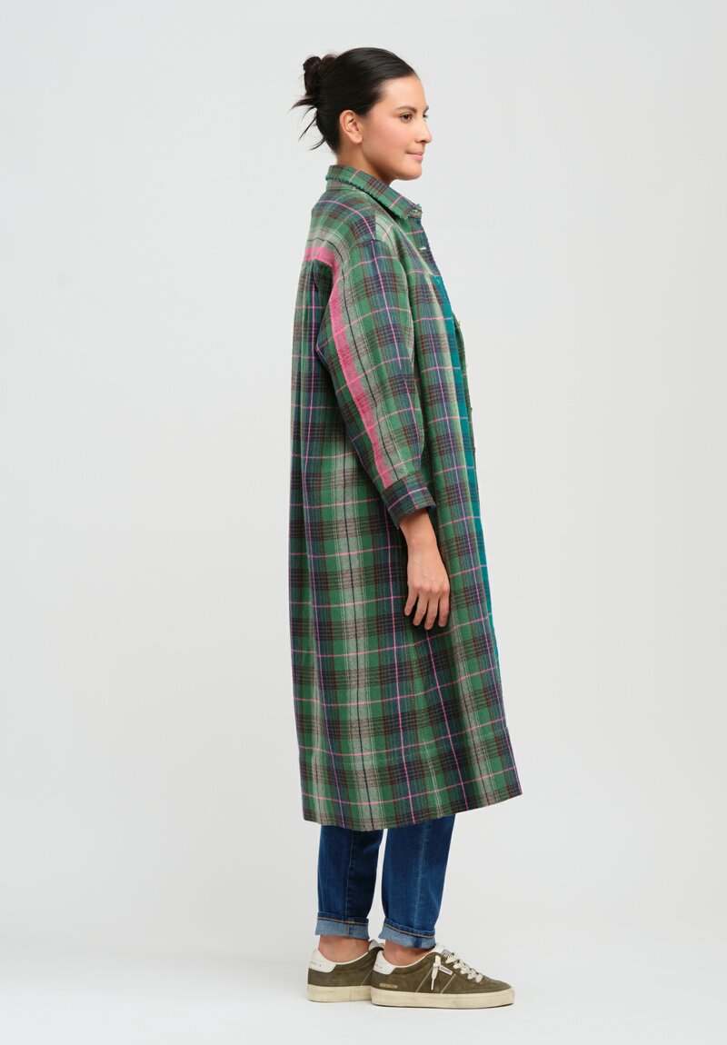 Péro Woven Wool Plaid Coat Dress in Green, Blue & Pink	