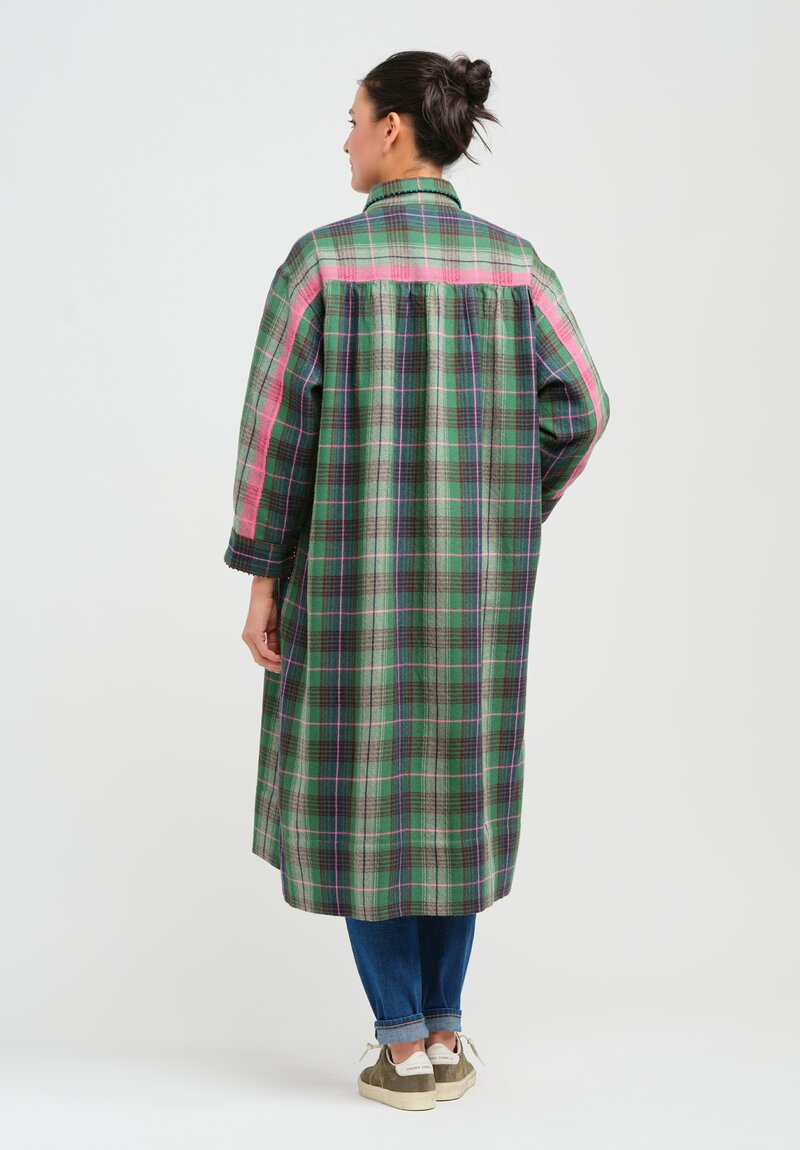 Péro Woven Wool Plaid Coat Dress in Green, Blue & Pink	