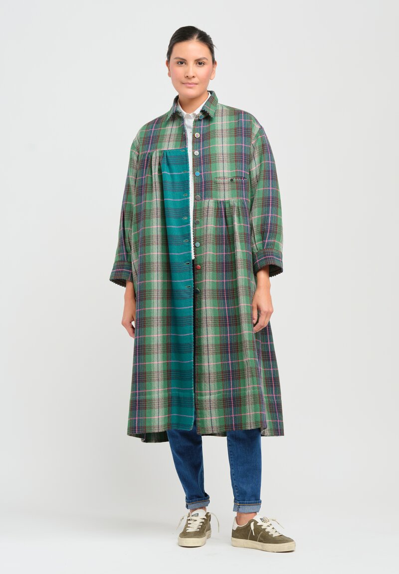 Péro Woven Wool Plaid Coat Dress in Green, Blue & Pink	