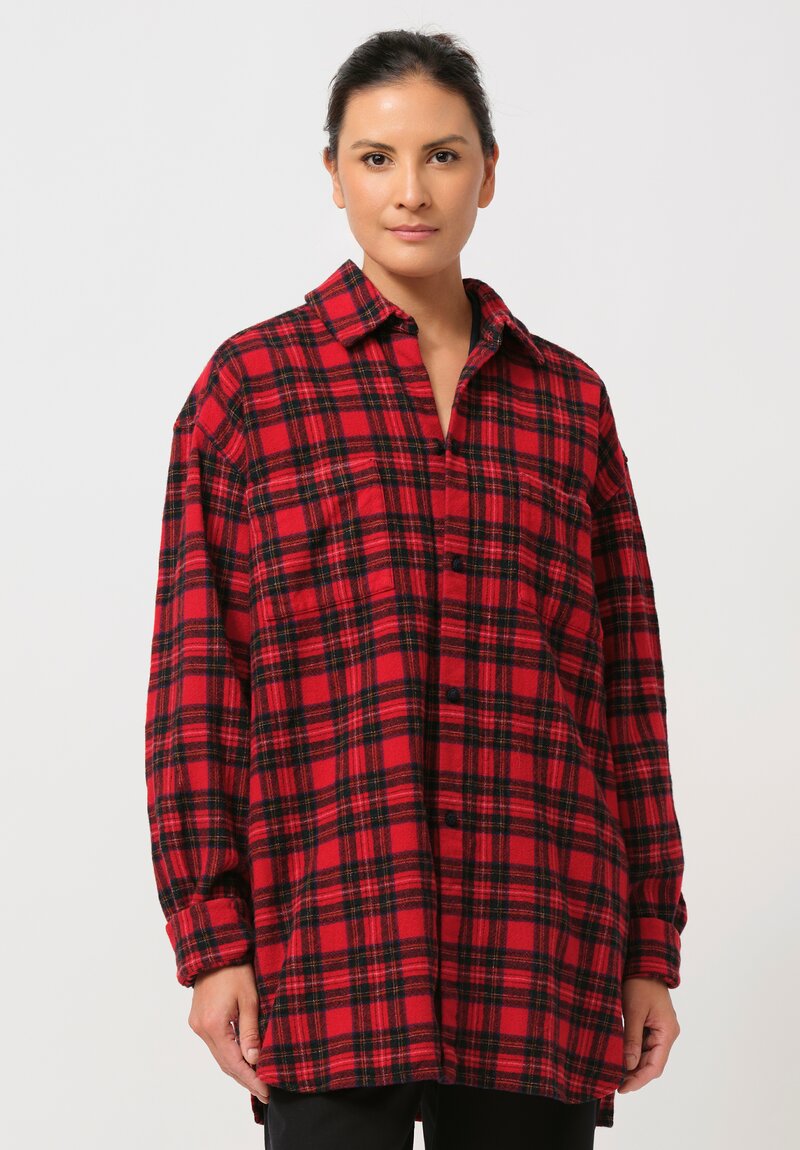 Daniela Gregis Washed Wool Uomo Tartan Shirt in Nero Blue & Red Black	