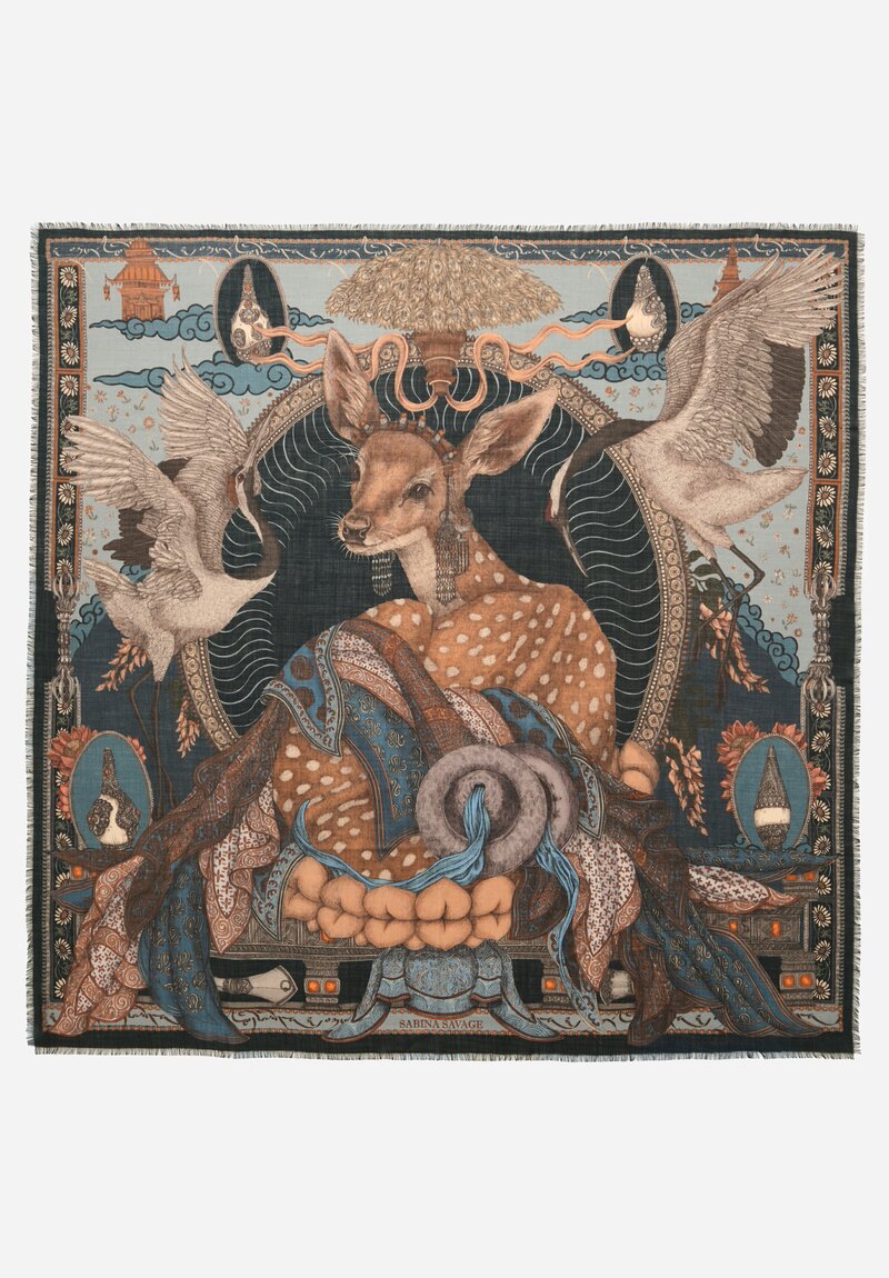 Sabina Savage Cashmere The Song Deer Scarf in Storm Blue & Steel