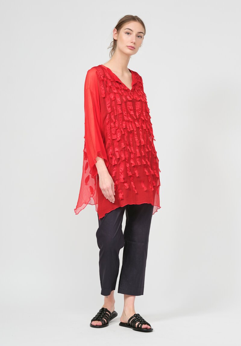 Shi Silk Chiffon Hand Embroidered Tunic in Red	