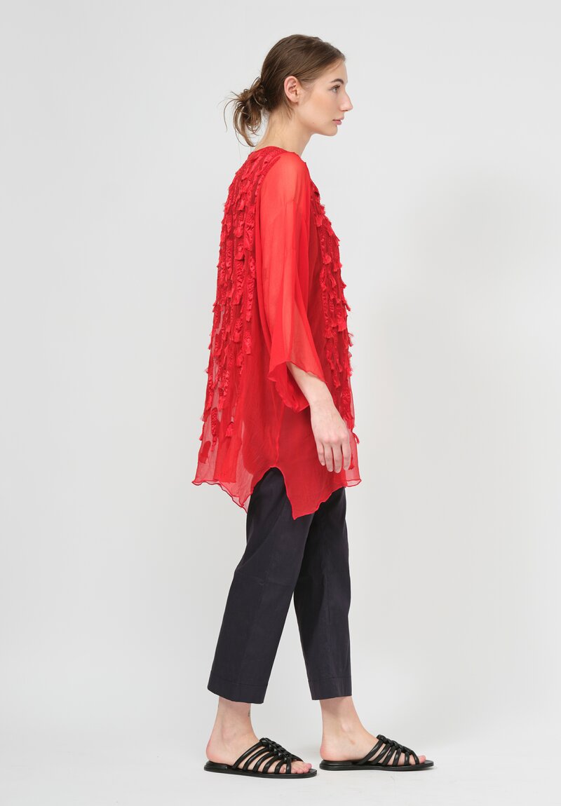 Shi Silk Chiffon Hand Embroidered Tunic in Red	