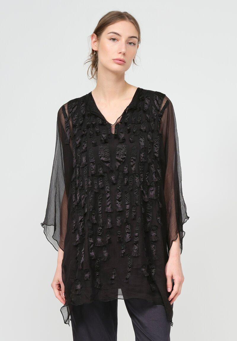 Shi Silk Chiffon Hand Embroidered Tunic in Black	