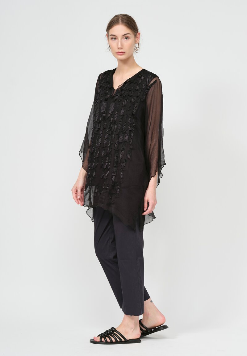 Shi Silk Chiffon Hand Embroidered Tunic in Black	