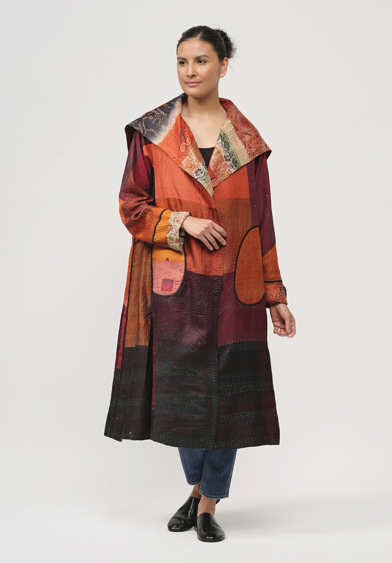 Mieko Mintz Vintage Silk Patch Kantha A-Line Coat in Brick Red, Orange & Brown	