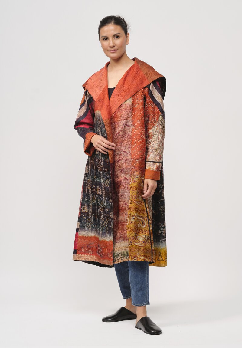 Mieko Mintz Vintage Silk Patch Kantha A-Line Coat in Brick Red, Orange & Brown	