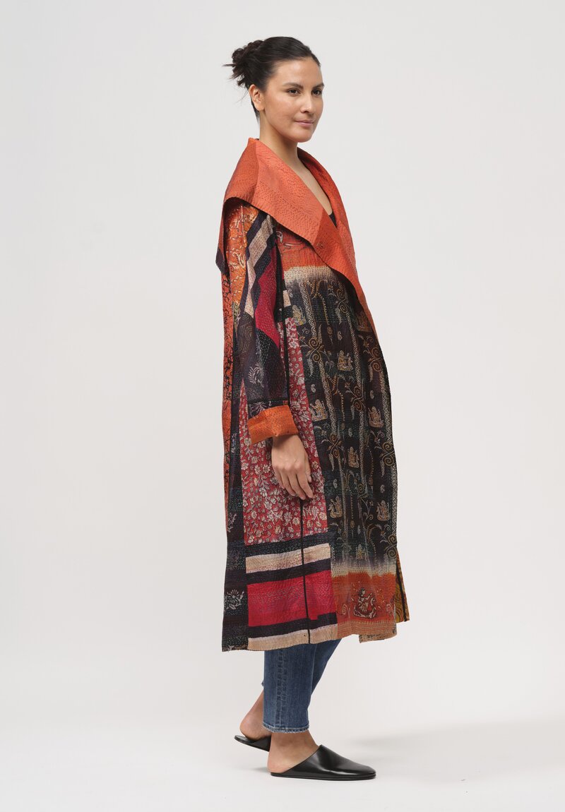 Mieko Mintz Vintage Silk Patch Kantha A-Line Coat in Brick Red, Orange & Brown	