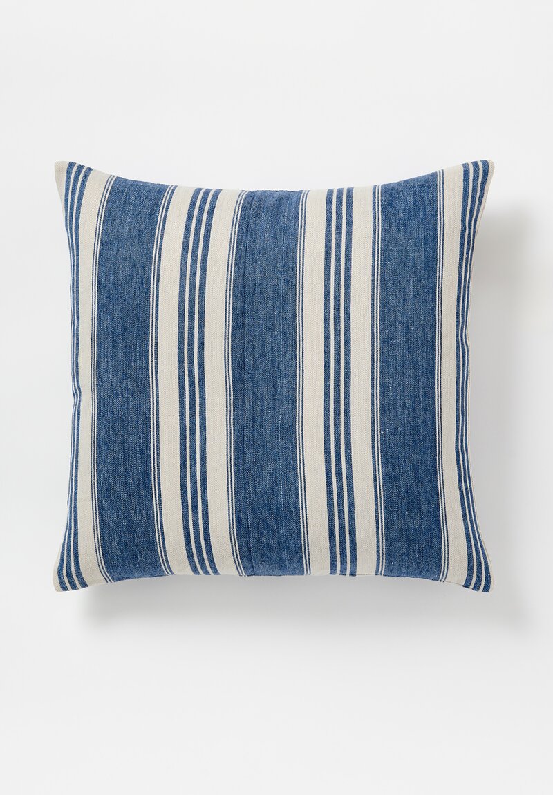 The House of Lyria Linen Striped Demococo Square Pillow in Indigo Blue & White	
