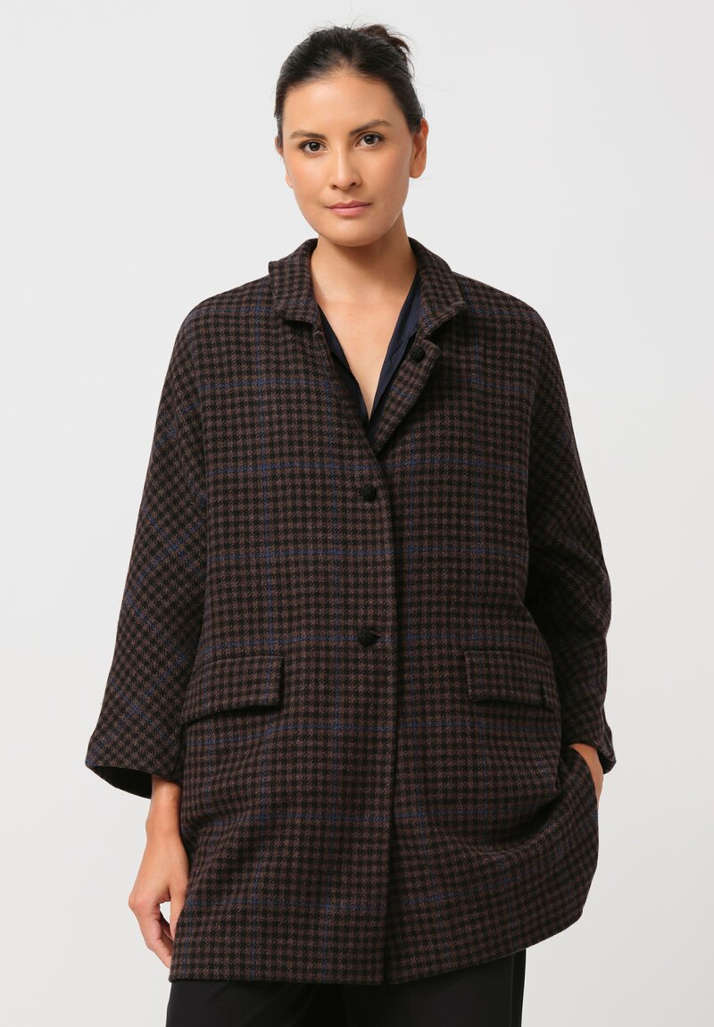 Daniela Gregis Washed Wool Cappotto Papavero Note Coat in Check Brown & Blue	