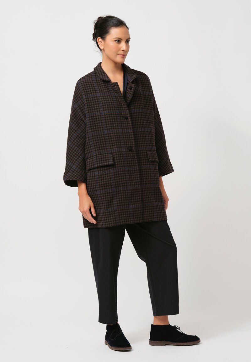 Daniela Gregis Washed Wool Cappotto Papavero Note Coat in Check Brown & Blue	