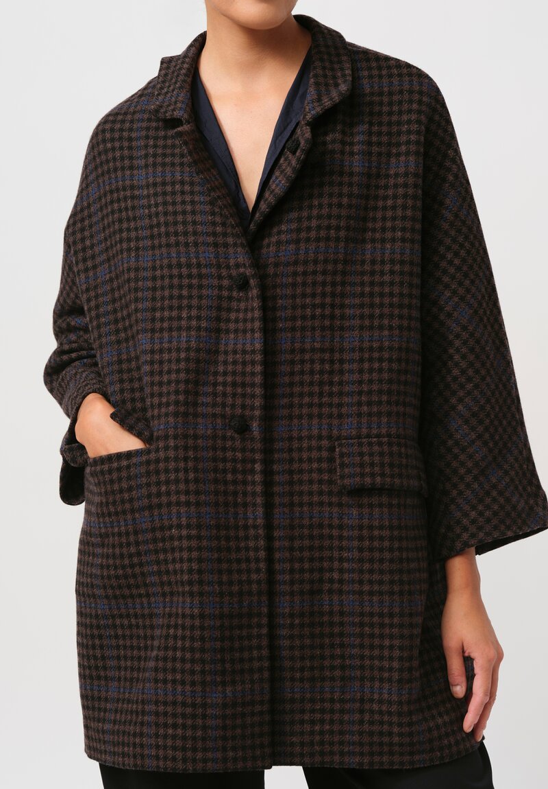 Daniela Gregis Washed Wool Cappotto Papavero Note Coat in Check Brown & Blue	