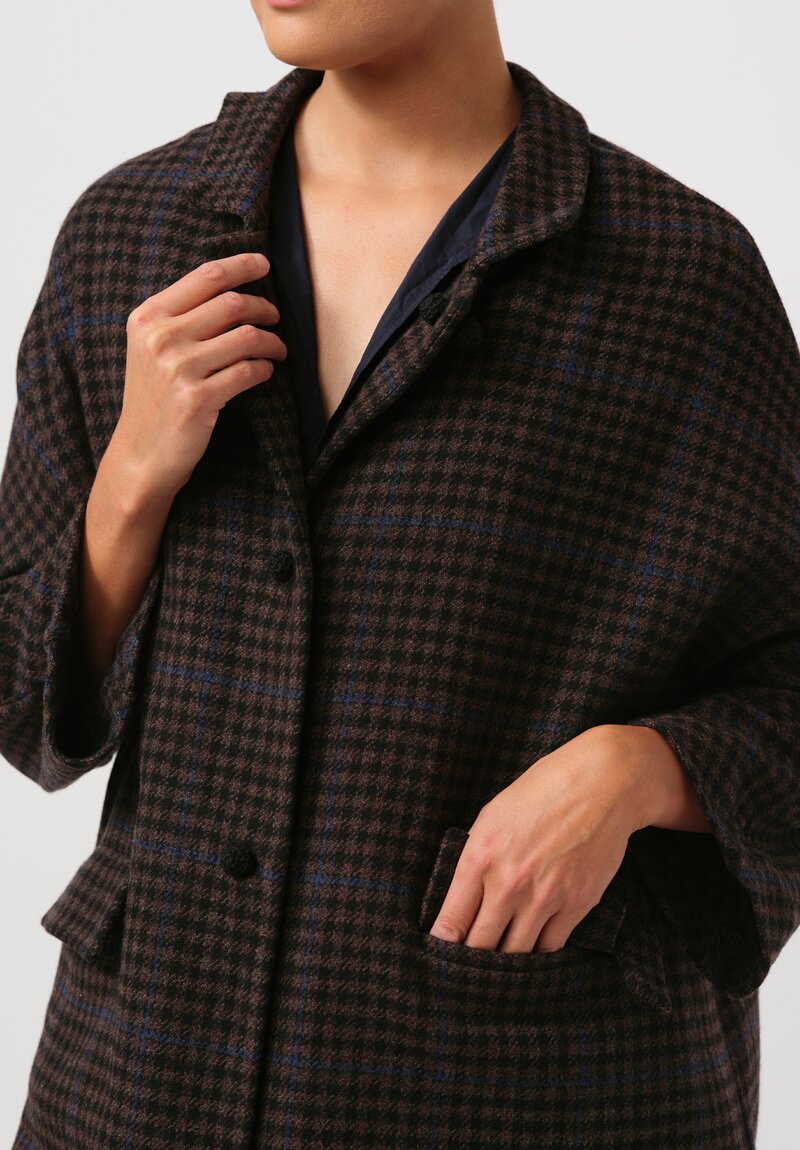 Daniela Gregis Washed Wool Cappotto Papavero Note Coat in Check Brown & Blue	