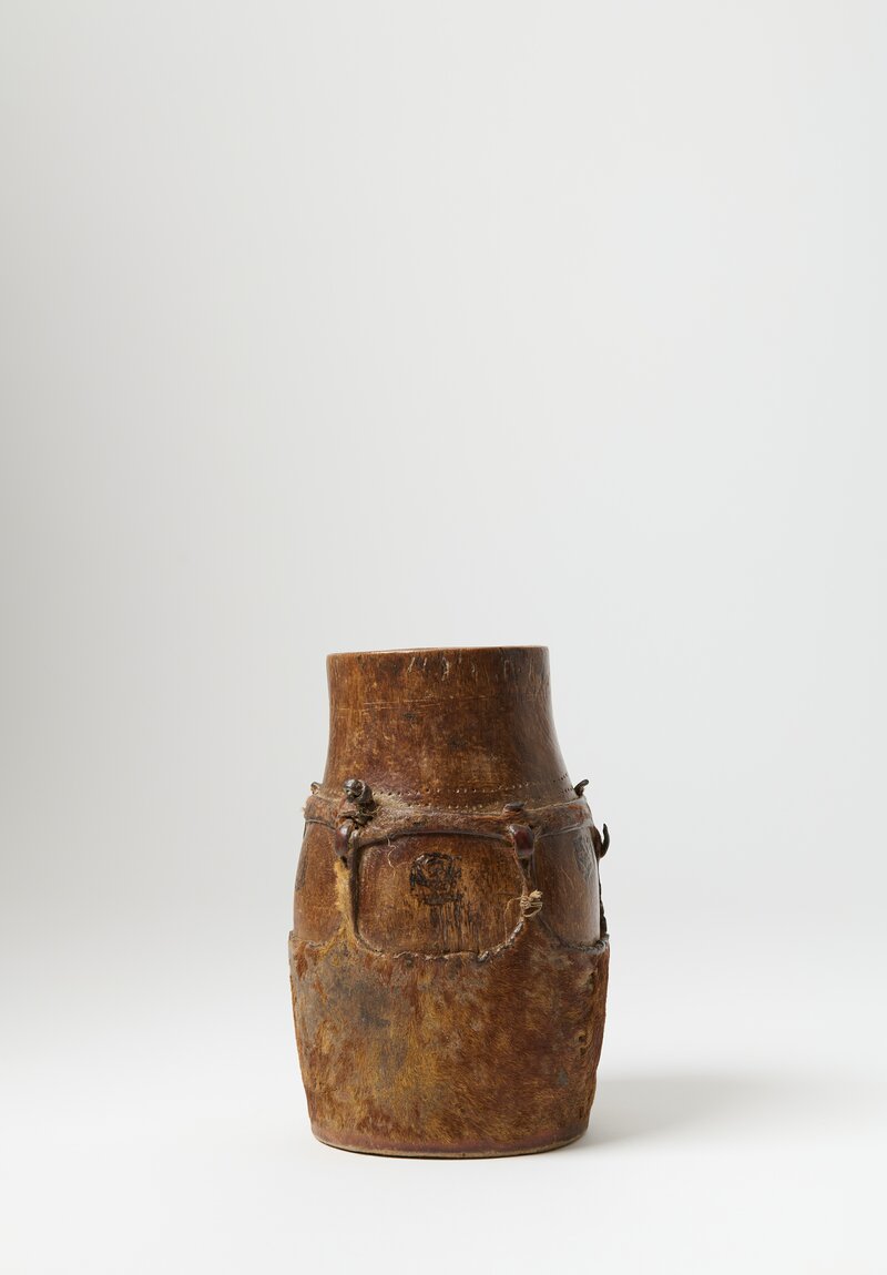 Antique and Vintage Medium Hand-Carved Turkana Honey Pot with Leather Details I	