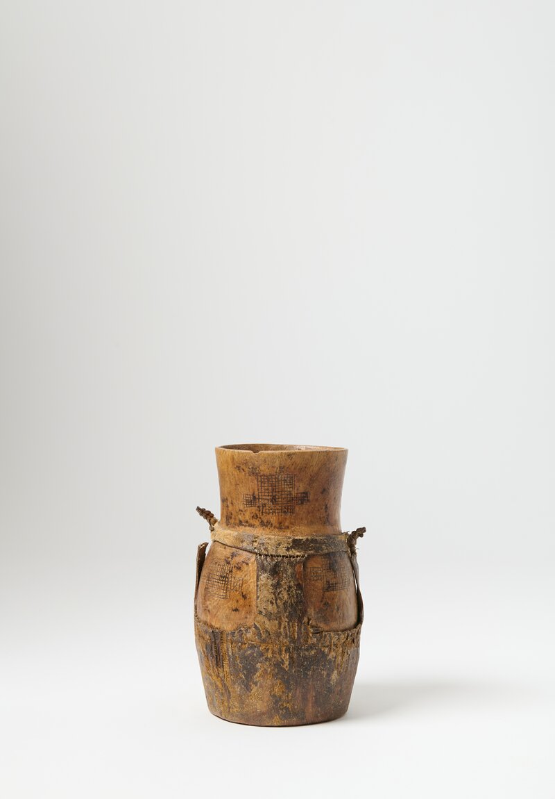 Antique and Vintage Medium Hand-Carved Turkana Honey Pot with Leather Details III	