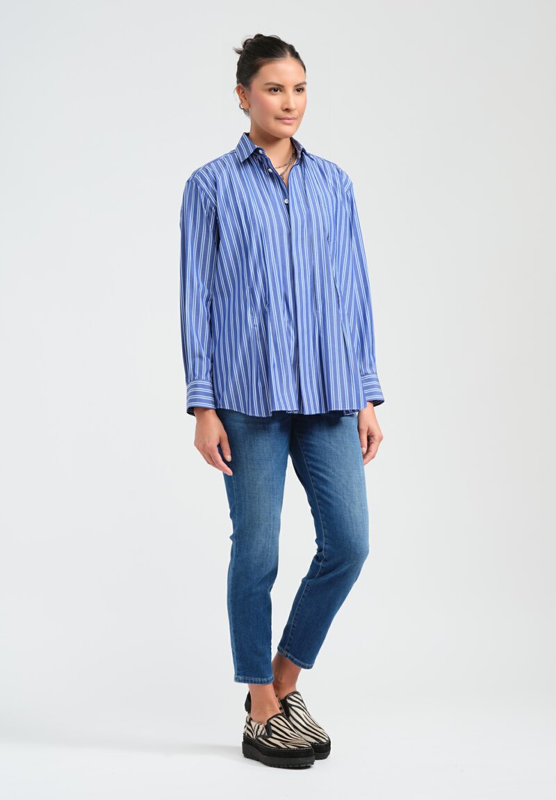 Sacai Cotton Poplin Collared Pleated Long-Sleeve Shirt in Striped Blue & White