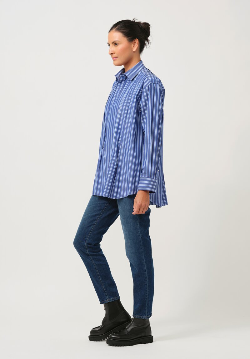 Sacai Cotton Poplin Collared Pleated Long-Sleeve Shirt in Striped Blue & White	