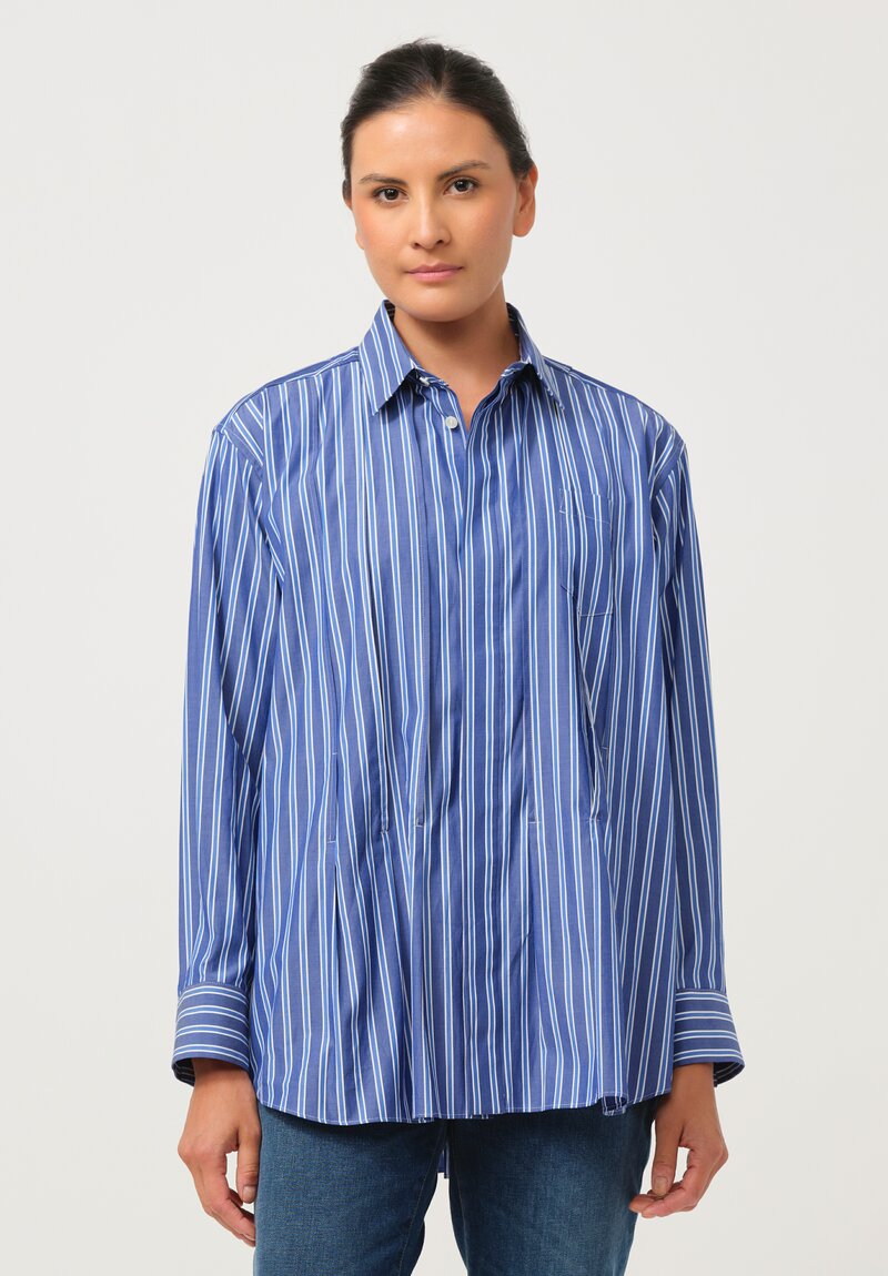 Sacai Cotton Poplin Collared Pleated Long-Sleeve Shirt in Striped Blue & White	